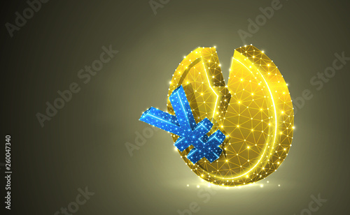 Broken Japanese Yen. Golden Coin colorful 3d illustration. Polygonal Vector business, money, unstable finance, market crash, broken circle concept. Low poly wireframe, triangle, lines, dots