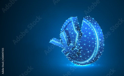 Broken Japanese Yen Coin. Neon 3d illustration. Polygonal Vector business, money, unstable finance, market crash, broken circle concept. Low poly wireframe, triangle, lines, dots. Blue background