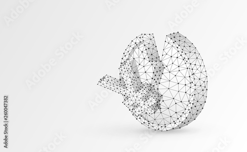 Broken Japanese Yen Coin. Origami 3d illustration. Polygonal Vector business, money, unstable finance, market crash, broken circle concept. Low poly wireframe, triangle, lines, dots. White background