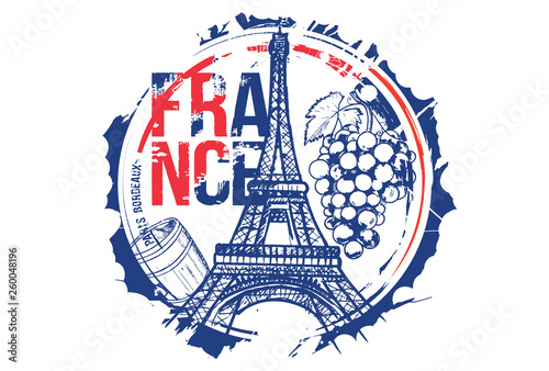 Old wood barrel and a bunch of grapes and Eiffel Tower.  Bordeaux, Paris, France city design. Hand drawn illustration.