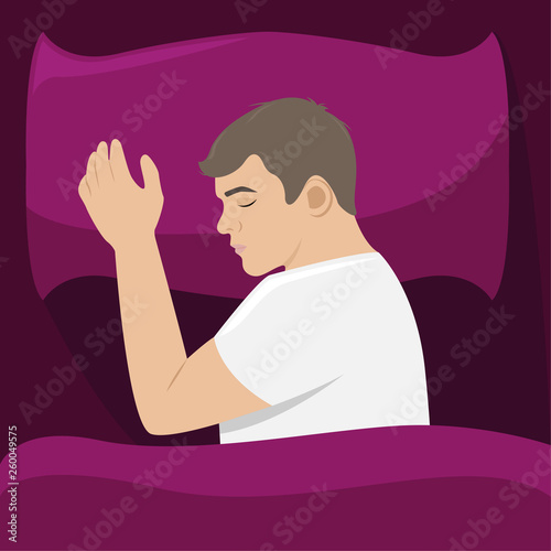 A man sleeps on his side in bed. Isolated vector illustration.