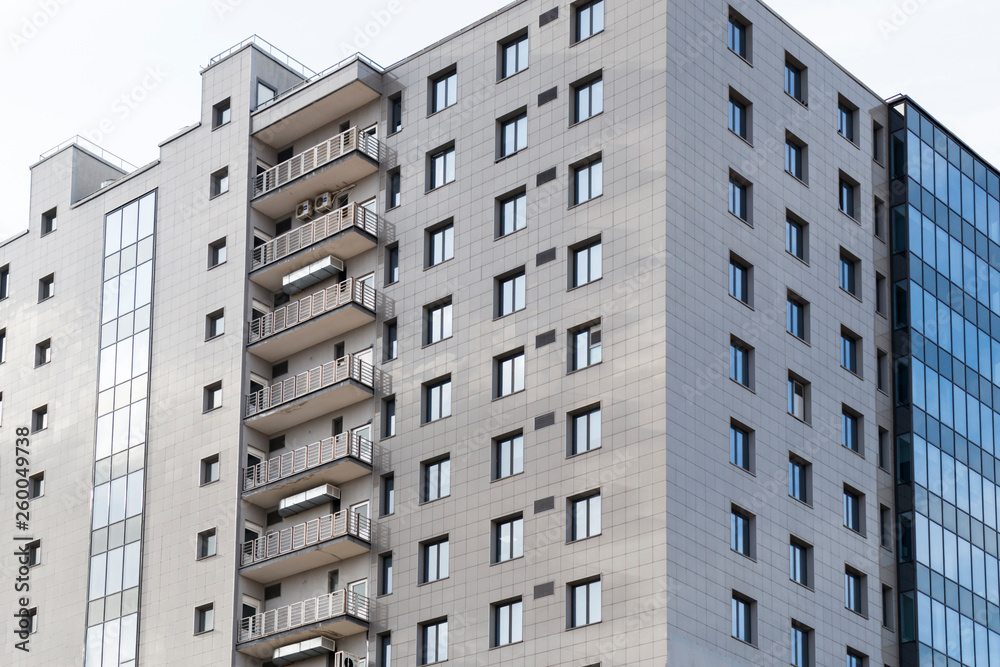 High apartment building in Belarus. Minsk. Residential architect. there is air conditioning on the balcony.