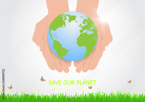 Hands holding earth with care, environmental concept vector illustration