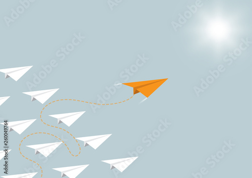 Paper airplane competition with orange airplane ahead, business competition leadership ambitious successful goal concept vector illustration