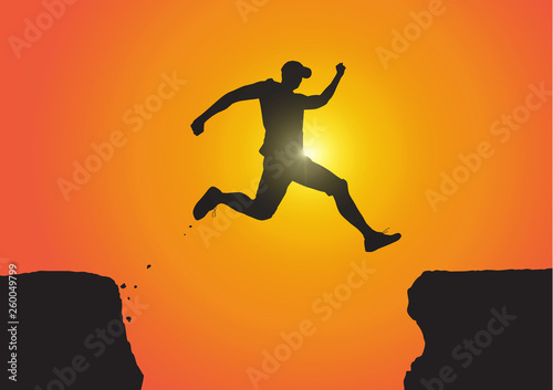 Silhouette of man jumping over the cliffs on golden sunrise background, achievement, success and winning concept vector illustration