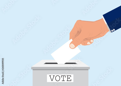 Businessman' hand putting voting paper into ballot box, voting concept vector illustration