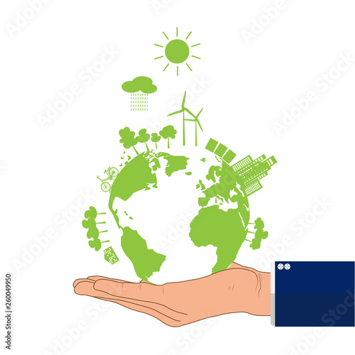Businessman's hand holding green earth, environmental concept vector illustration