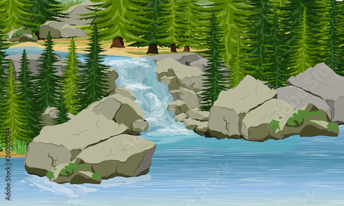 Small waterfall in the forest. Lake, large stones, spruce trees. Realistic Vector Landscape