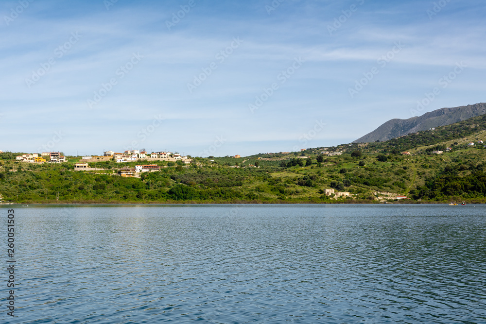 Lake Kournas, natural lake in Crete, surrounded by high mountains and located near the village Kournas. Crete island, Greece