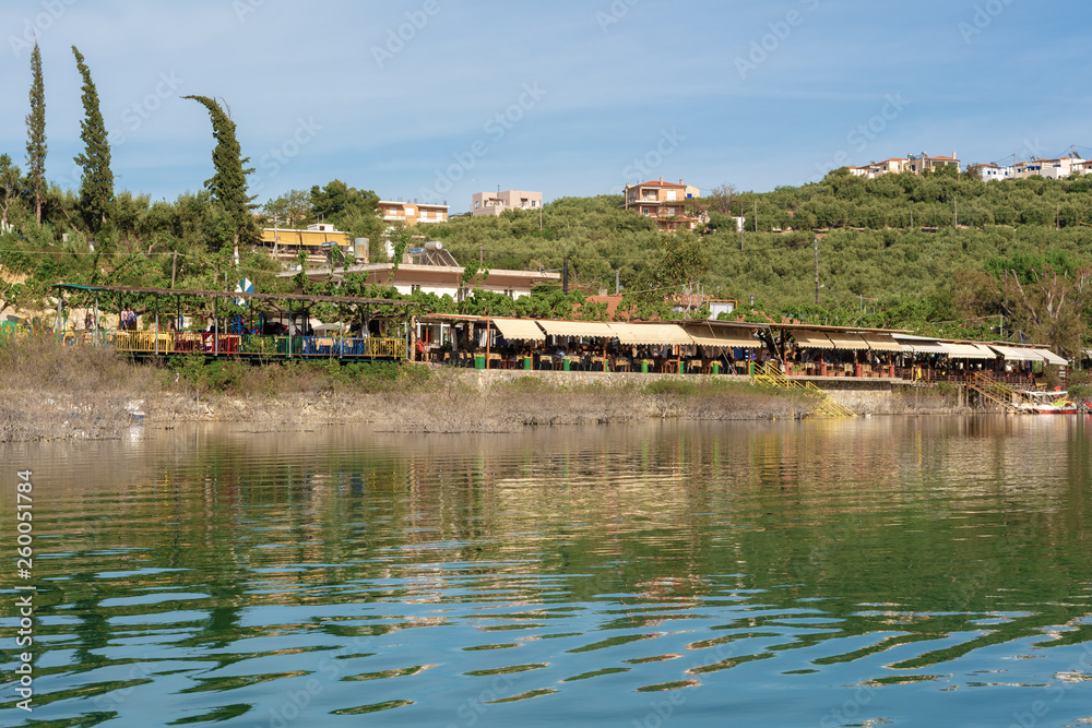 Fototapeta premium Village Kournas, view from the Lake Kournas. Crete island, Greece