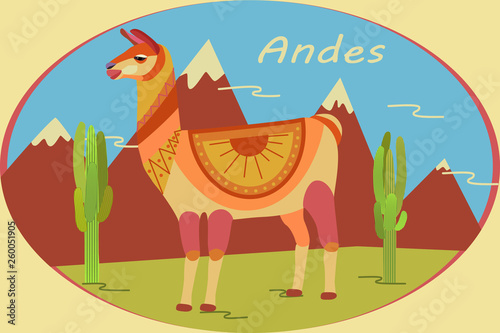 Landscape in oval frame with Andes Mountains, cacti and llamas. Background for zoo, tourism, souvenir, card, advertising. Stylized animal character of South America. Lama, vicuna, alpaca, guanaco.