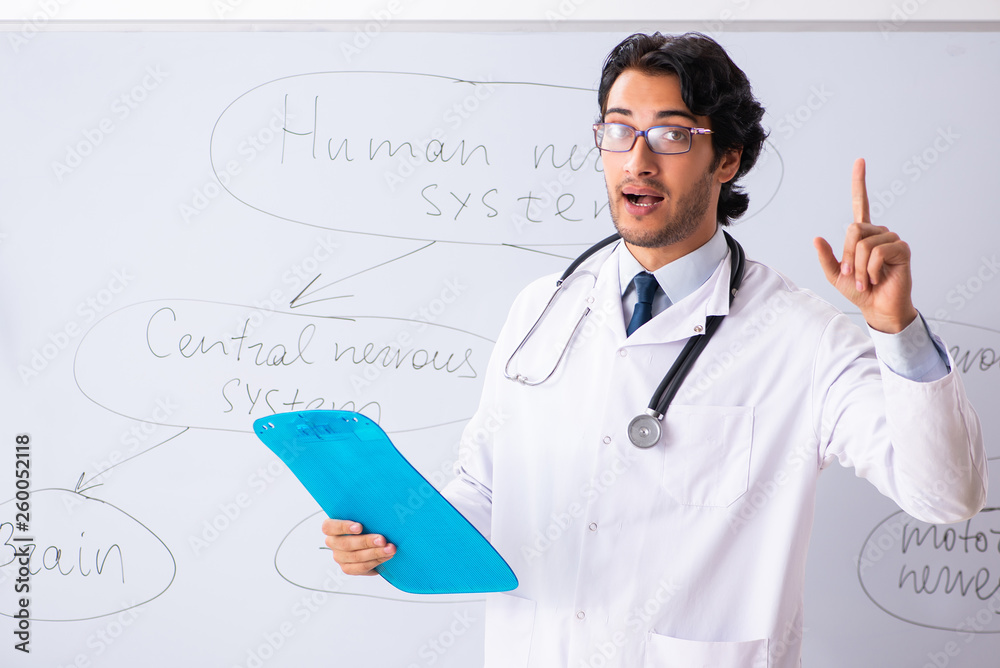 Young male doctor neurologist in front of whiteboard 