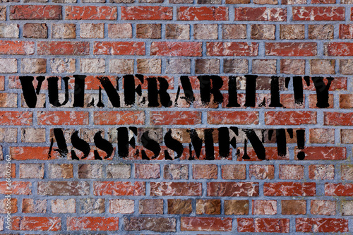 Text sign showing Vulnerability Assessment. Business photo text defining identifying prioritizing vulnerabilities Brick Wall art like Graffiti motivational call written on the wall