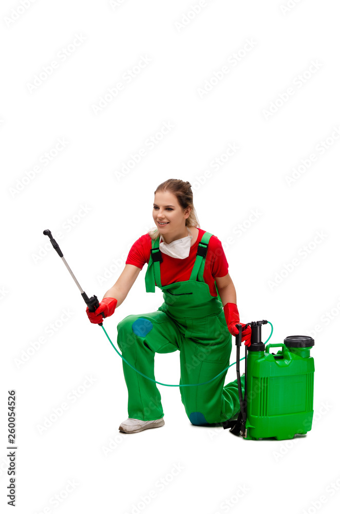 Female pest control contractor isolated on white Female pest control contractor isolated on white