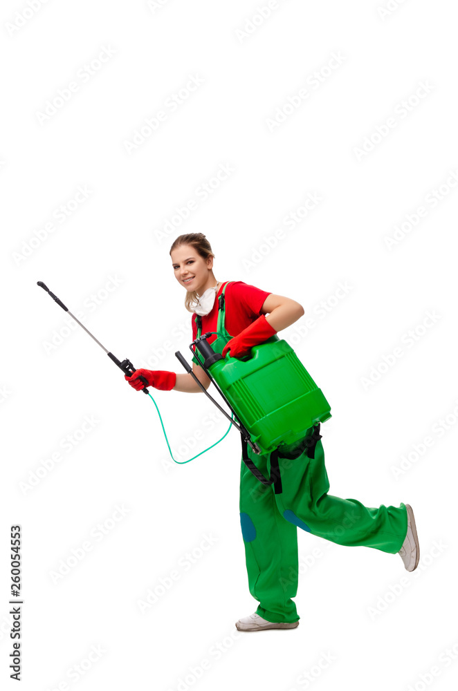 Female pest control contractor isolated on white Female pest control contractor isolated on white