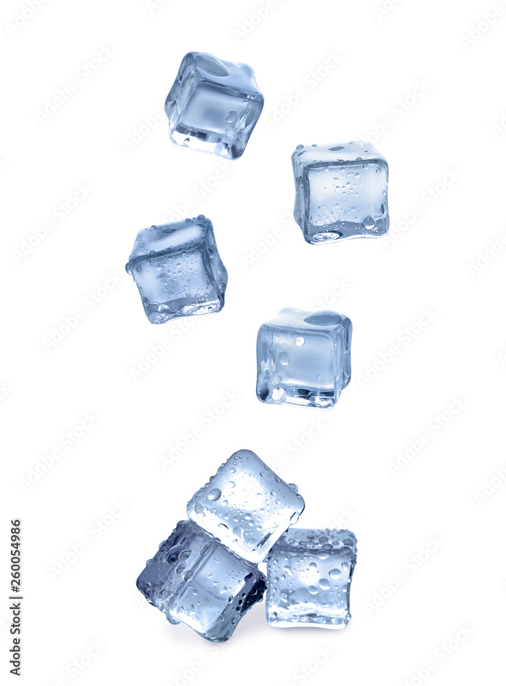 Set of flying crystal clear ice cubes on white background
