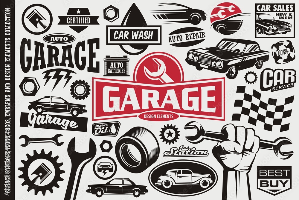 Vászonkép Car service and garage symbols, logos, emblems and icons  collection | Fali dekorációk | Europosters