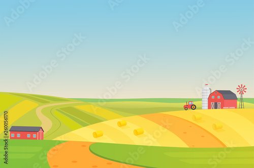 Autumn sunny eco harvesting farm landscape with agriculture vehicles, windmill, silage tower and hay. Colorful flat vector illustration.