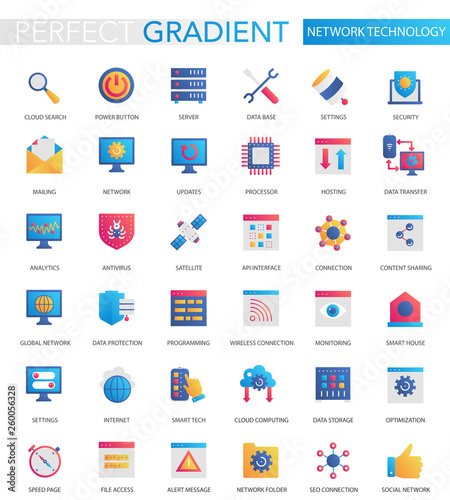 Vector set of trendy flat gradient modern network technology icons.