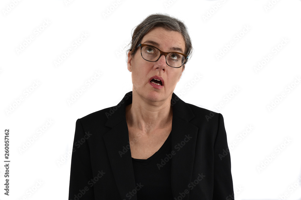 Middle-aged secretary with graying hair and glasses glances despondently. White background.