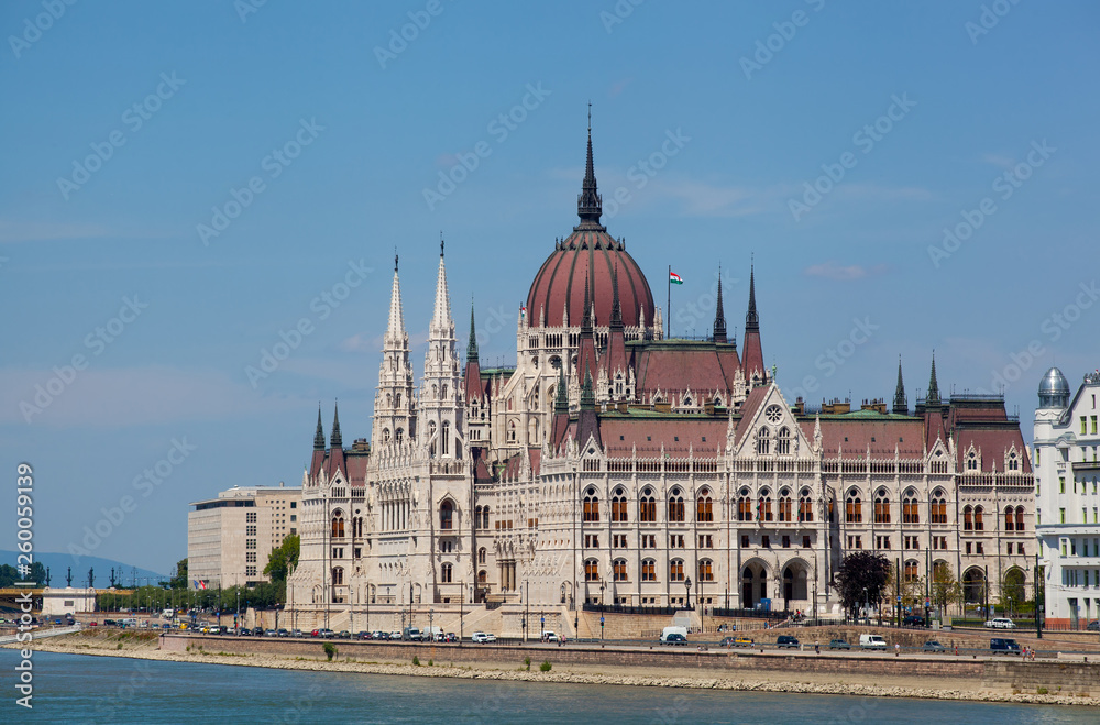 amazing building of Parliament in Budapest and ships in front of it