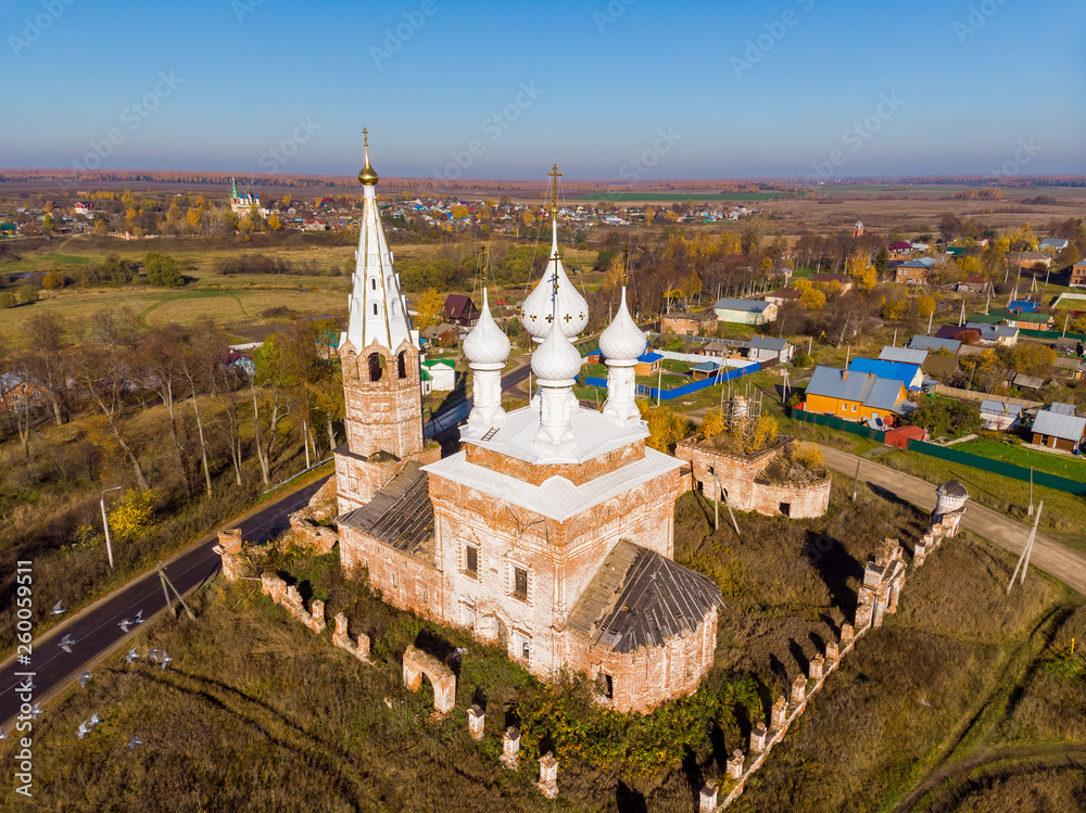 Church of the Holy Virgin in the village of Dunilovo on a sunny autumn day, Ivanovo region, Russia. Shooting from the air