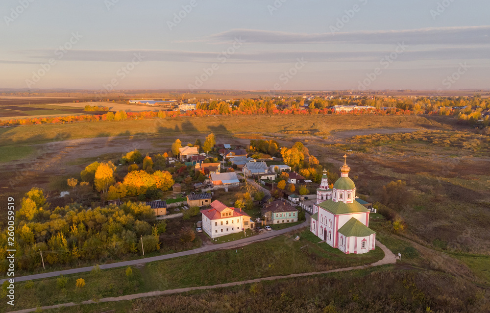 Suzdal, Ilinsky church in autumn day. Russia. Top view