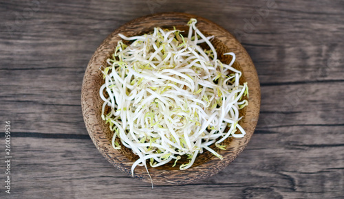 Mung bean sprouts or tauge on wood background.
