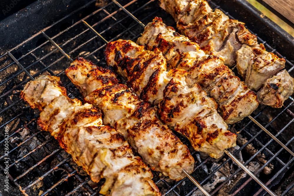 Traditional shashlik cooking on a grill isolated Traditional shashlik cooking on a grill isolated