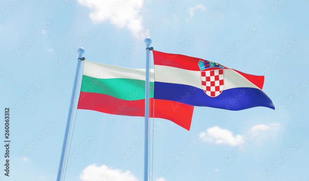 Croatia and Bulgaria, two flags waving against blue sky. 3d image