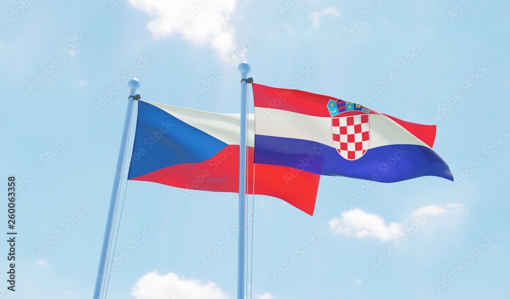 Croatia and Czech Republic, two flags waving against blue sky. 3d image