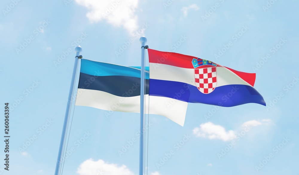 Croatia and Estonia, two flags waving against blue sky. 3d image