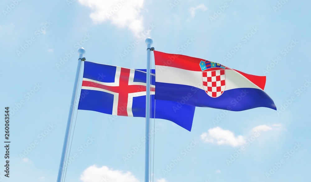 Croatia and Iceland, two flags waving against blue sky. 3d image