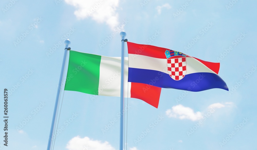 Croatia and Italy, two flags waving against blue sky. 3d image