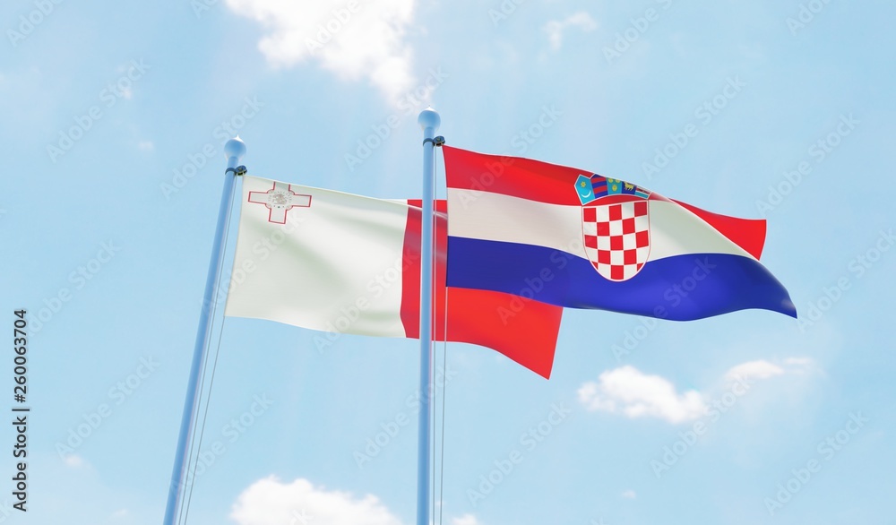 Croatia and Malta, two flags waving against blue sky. 3d image