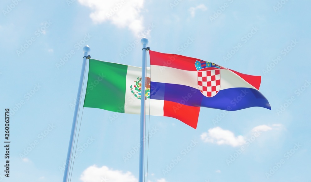 Croatia and Mexico, two flags waving against blue sky. 3d image