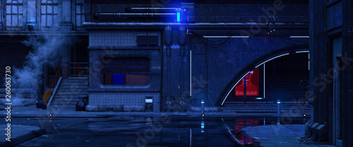 3d illustration of an old building on a street of futuristic city. Beautiful night scene with neon lights in cyberpunk style. Gloomy urban landscape.