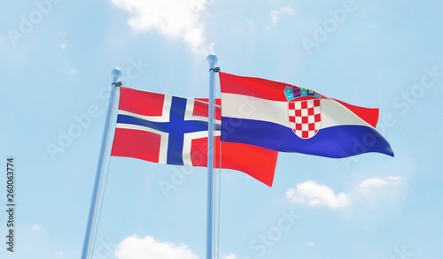Croatia and Norway, two flags waving against blue sky. 3d image