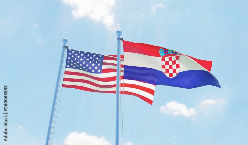 Croatia and USA, two flags waving against blue sky. 3d image