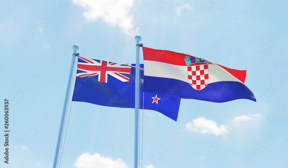 Fototapeta premium Croatia and New Zealand, two flags waving against blue sky. 3d image