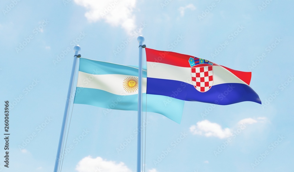 Croatia and Argentina, two flags waving against blue sky. 3d image