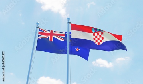 Croatia and New Zealand, two flags waving against blue sky. 3d image