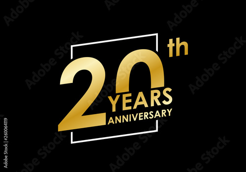 20 years Anniversary logo. 20th Birthday golden badge. Modern icon or label design for wedding, corporate invitation, celebrating, party, business event. Vector illustration.