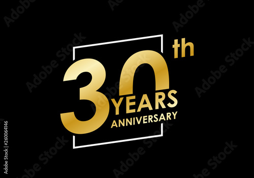 30 years Anniversary logo. 30th Birthday golden badge. Modern icon or label design for wedding, corporate invitation, celebrating, party, business event. Vector illustration.