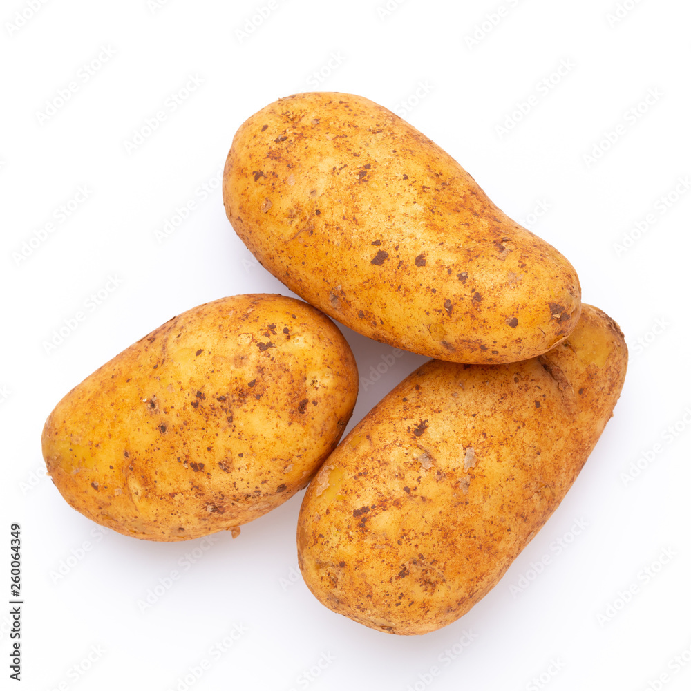 Potatoes isolated on white background. Flat lay. Top view.