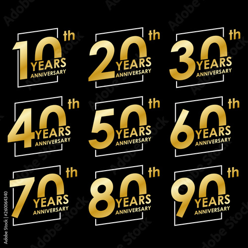 Anniversary icon set. 10, 20, 30, 40, 50, 60, 70, 80, 90 years Anniversary badges collection. Modern logos or labels design for Birthday,  Wedding, Corporate Invitation, Celebrating, Party, Business E
