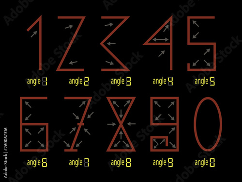 The figures of the number one two three four five five seven eight nine zero. Arrows indicate angles. vector illustration