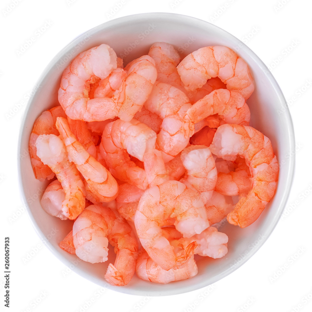 Steamed tiger shrimp in a bowl isolated on white background. Top view Steamed tiger shrimp in a bowl isolated on white background. Top view