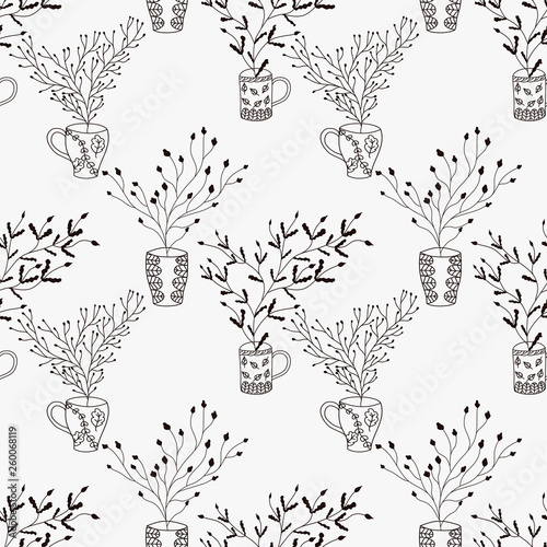 Seamless texture with flowers in cups . Seamless pattern can be used for wallpaper, pattern fills, web page background,surface textures.