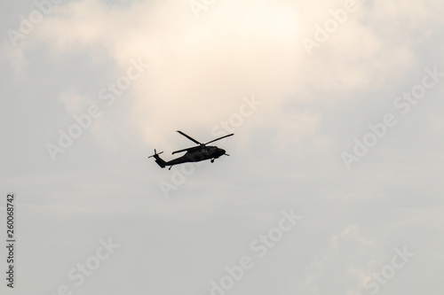 Helicopter flying in the sky.